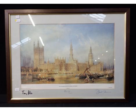 SIGNED BY TONY BLAIR, DAVID CAMERON AND MICHAEL J. MARTIN (SPEAKER) (to the mount) a print of The Palace of Westminster, afte