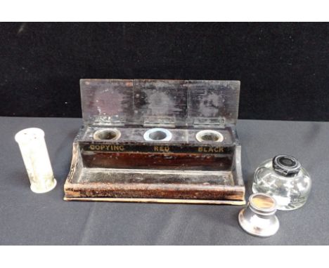 AN EARLY 20TH CENTURY DESK INKWELL 'copying, red, black', two other inkwells, and a scrimshaw type bone box (4)