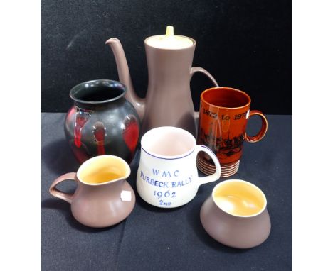 POOLE POTTERY: A WMC PURBECK RALLY 1962 JUG a Twintone coffee pot, jug, and basin, a drip-glaze vase, and a Poole Pottery Cen