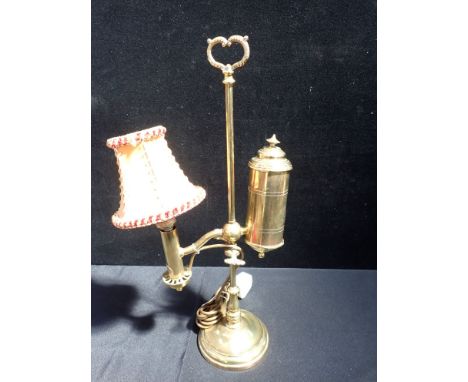 A BRASS COLZA LAMP BY SMETHURST &amp; CO., NEW BOND ST. (converted to electricity, reservoir loose, needs repair) 54cm high
