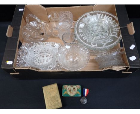 A COLLECTION OF VICTORIAN AND LATER COMMEMORATIVE PRESSED GLASS including a 'Gladstone for the Million' sugar basin, and othe