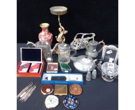 A VICTORIAN FIGURAL CAST METAL LAMP (ALTERED) AND OTHER METALWARES including a Royal Worcester boxed cake knife, tea and coff