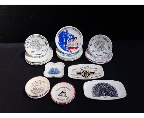 TWO POOLE POTTERY 'SOCIETY OF POOLE MEN' PLATES 13cm diam, and other Poole commemorative plates and dishes