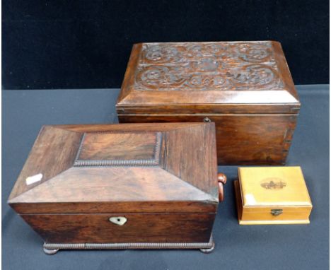 A REGENCY ROSEWOOD SARCOPHAGUS TEA CADDY a box with Orientalist carved top, and a Mauchline ware box (3)
