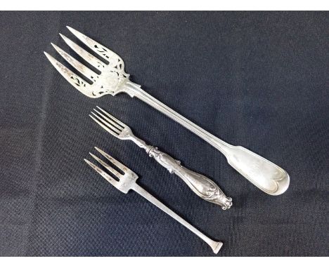 THREE SILVER FORKS, THE LARGEST, LONDON 1853, FRANCIS HIGGINS II pickle fork, Sheffield 1921, Deakin and Deakin, and pickle f