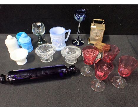 A THOS. WEBB 'BRISTOL BLUE' GLASS ROLLING PIN a pair if salts (a/f), a Victorian pressed glass Punch and Judy mug (a/f), and 