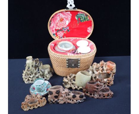 SIX CHINESE SOAPSTONE BRUSH WASHERS and a part tea service in fitted basket case