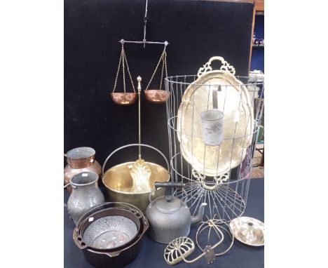 A BRASS PRESERVING PAN, HANGING SCALES and other metalware, some of Eastern origin