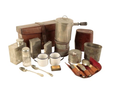 A VICTORIAN TWO PERSON PICNIC SET by A. Barrett &amp; Sons, London, with burner, two enamel mugs, a sugar container, a water 