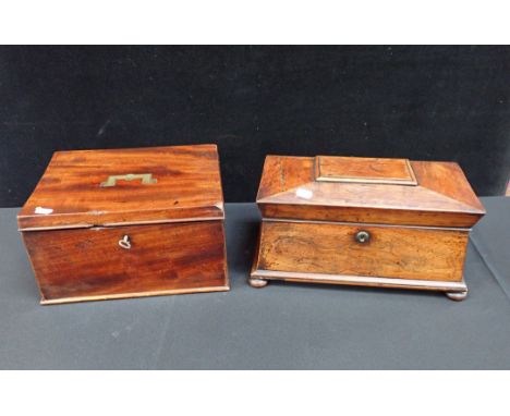 A GEORGE III MAHOGANY BOX FITTED THREE INTERIOR COMPARTMENTS with hinged lids, and a drawer 31cm wide (a/f), and a Regency ro