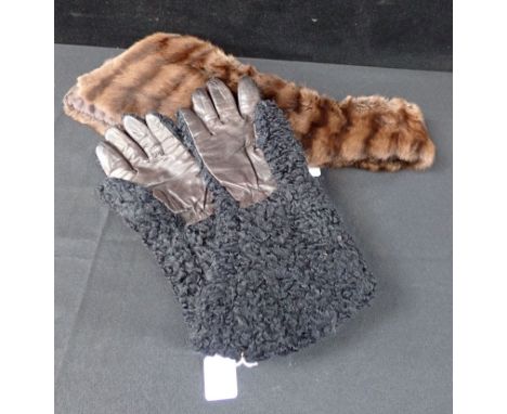 A PAIR OF VINTAGE ASTRAAKHAN AND LEATHER DRIVING GLOVES and a fur stole