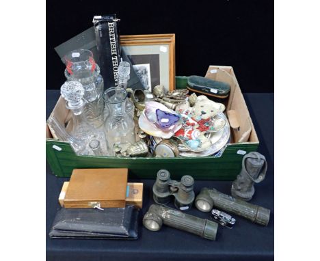 A COLLECTION OF SUNDRIES vintage G.E.C. torches, binoculars, prints, drawing instruments, novelty 'camera' lighter, ceramics,