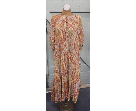 BIBA: A VINTAGE FULL LENGTH DRESS with three quarter length sleeves (note: damage and old poor repair to front) (1)