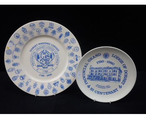 POOLE POTTERY: TWO 'DORSET MASONIC LODGES' PLATES 32cm Provincial Grand Lodge 1780-2000, No. 160/200, and 23cm, Branksome Den