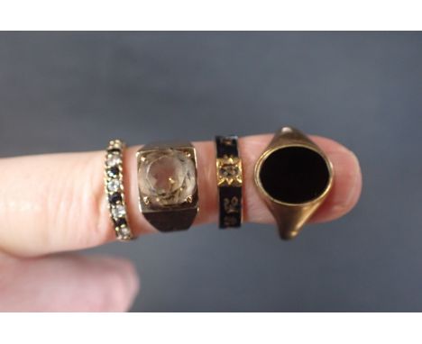 THREE MARKED GOLD RINGS and an unmarked 19th century mourning ring with 'IN MEMORY OF' against (damaged) black enamel (4)