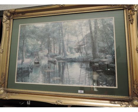 A ornately framed print depicting canal life.