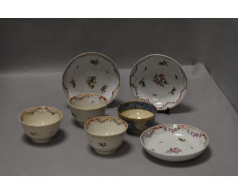 A small selection of 19th century Newhall porcelain teabowls and saucers and one blue and white teabowl