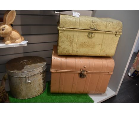 Two vintage tin trunks and a tin hat box.