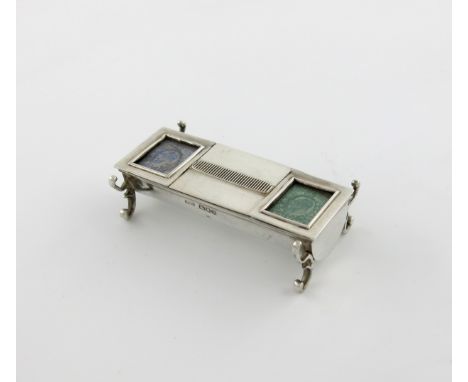 An Edwardian silver double stamp box / inkwell, by M.J. Jessop, London 1902, rectangular trough form, with two hinged compart