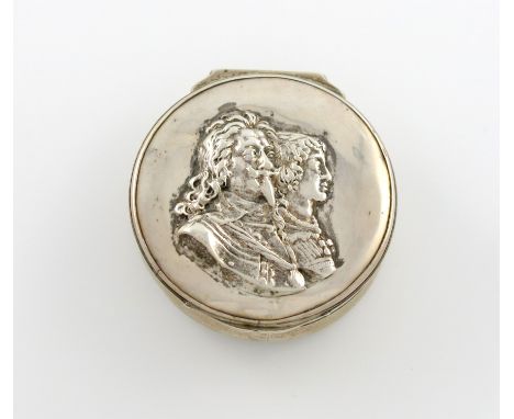 A mid 18th century commemorative silver snuff box, by Robert Cox, London circa 1752, circular form, the hinged cover embossed