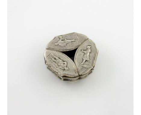 An 18th century silver triple snuff box, unmarked, circa 1740-50, formed by three navette shaped boxes, the hinged covers wit