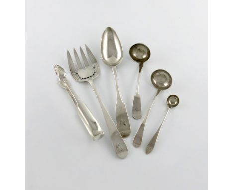 A small collection of late 18th/early 19th century Scottish Provincial silver flatware, comprising: a toddy ladle, probably b