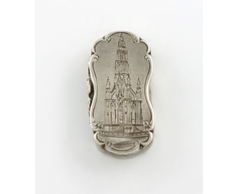 A Victorian silver engraved vinaigrette, The Scott Memorial, by David Pettifer, Birmingham 1853, oblong form, the hinged cove