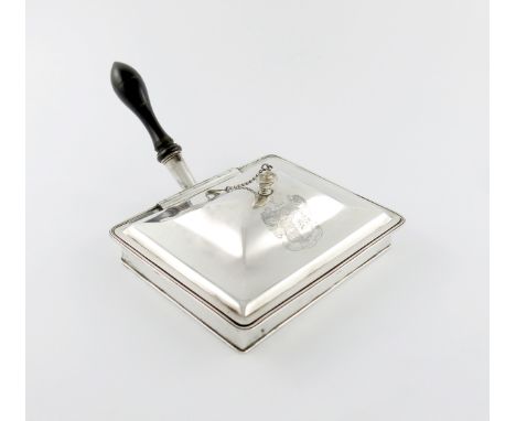 A George III silver cheese warming dish and cover, by William Stroud, London 1801/2, rectangular form, the raised hinged cove