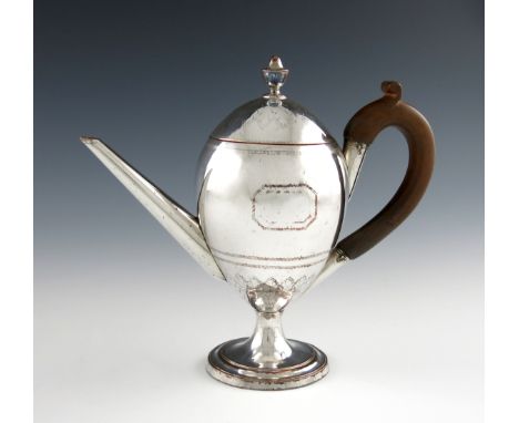 A George III old Sheffield plated Argyle, unmarked, circa 1790, ovoid form, straight tapering spout, scroll handle, engraved 