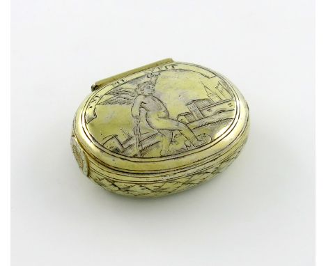A 17th century silver-gilt squeeze-action spice / snuff box, unmarked circa 1680, oval form, the hinged cover with an engrave