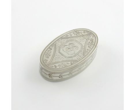 A George III silver snuff box, by Ford and Slater, Birmingham 1799, oval form, flush-hinged cover, bright-cut engraved decora