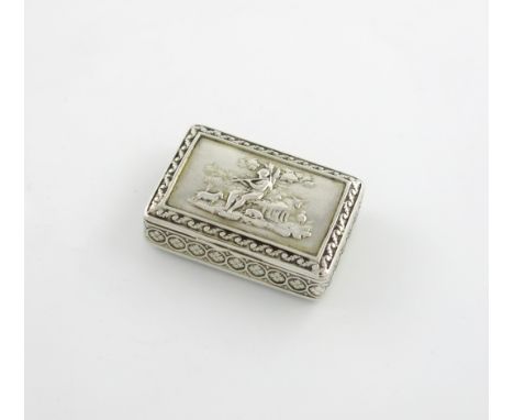 A George III silver snuff box, by Joseph Willmore, Birmingham 1813, rectangular form, the hinged cover with a scene of a shep