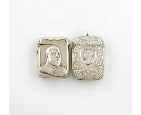 An Edwardian silver commemorative vesta case, by Jones and Crompton, Birmingham 1901, rectangular form, embossed with a portr