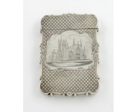 A Victorian silver engraved 'castle-top' card case, Holy Trinity Church, Hull, by Nathaniel Mills, Birmingham 1844, rectangul