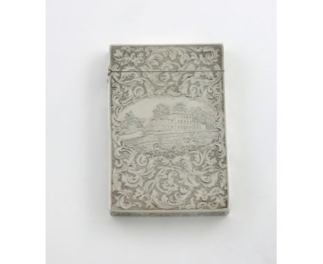 A Victorian silver engraved 'castle-top' card case, Norton Hall, Sheffield, by H. Wilkinson, Sheffield 1851, rectangular form