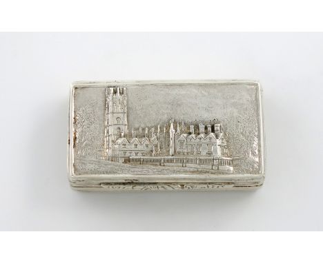 A Victorian silver 'castle-top' snuff box, Magdalen College, Oxford, by Francis Clarke, Birmingham 1841, rectangular form, th