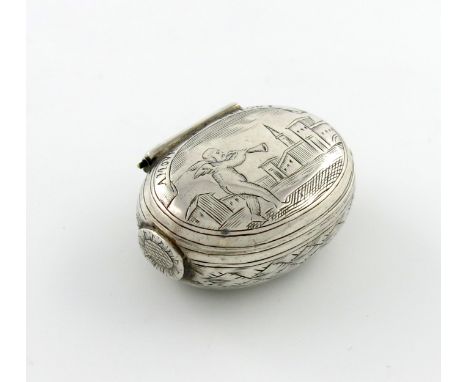 A 17th century silver squeeze-action spice / snuff box, maker's mark of TT crowned, circa 1680-90, oval form, the hinged cove