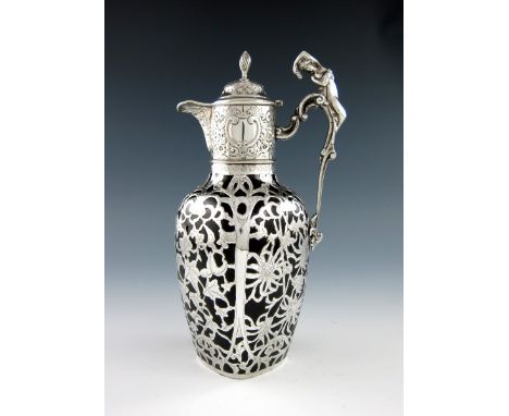 A late Victorian silver overlay blue glass claret jug, by William Mammatt and Son, Sheffield 1900, shaped square tapering for