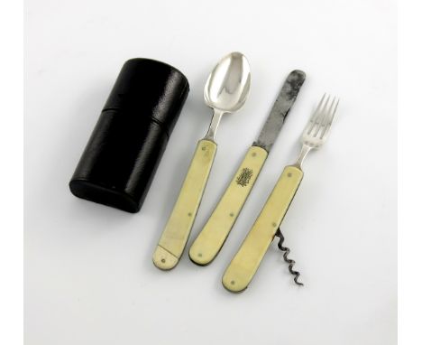 λA three-piece Victorian silver folding knife, fork and spoon set, by Robert Hutton, Sheffield 1873, tapering ivory handles w