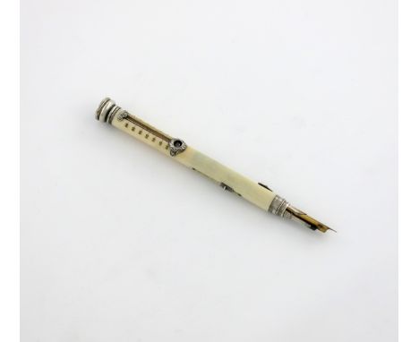 λA Victorian silver-mounted ivory pen / pencil, with a compass and thermometer, by S. Mordan and Co, cylindrical form, with a