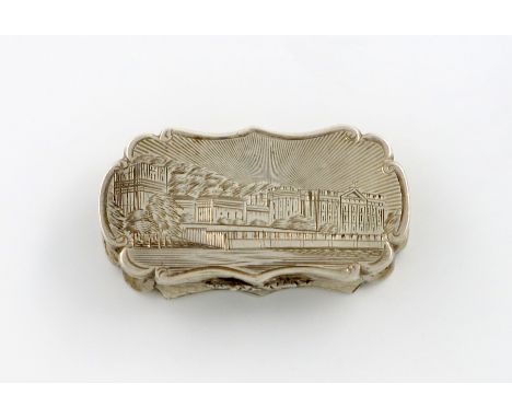 A Victorian silver engraved vinaigrette, Chatsworth, by Nathaniel Mills, Birmingham 1851, shaped oblong form, the hinged cove