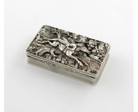 A George IV silver raised relief snuff box, Mazeppa, by Thomas Edwards, London 1829, rectangular form, the hinged cover with 