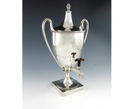 λA George III presentation silver tea urn, by Wakelin and Taylor, London 1783, urn form, scroll handles, beaded borders, flut