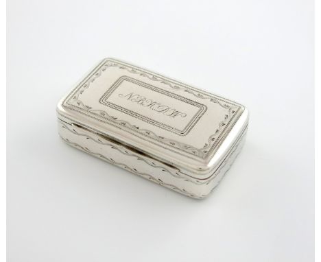 An early 19th century Cape silver snuff box, by L. Willem Beck, circa 1850, rectangular form, engraved borders, the hinged co