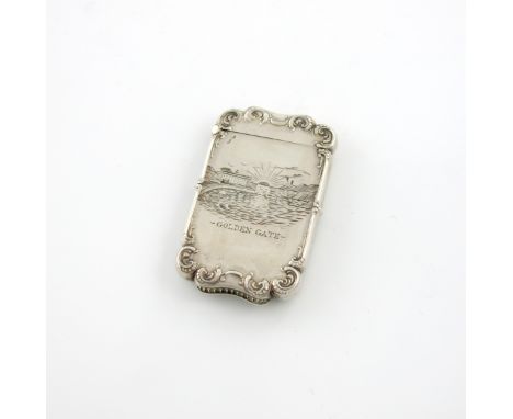 A late 19th century American silver vesta case, apparently unmarked, shaped rectangular form, hinged cover, the front embosse