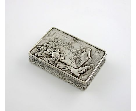 A George IV silver raised relief snuff box, Mr. Pickwick, by John Linnit, London 1852, rectangular form, the hinged cover wit