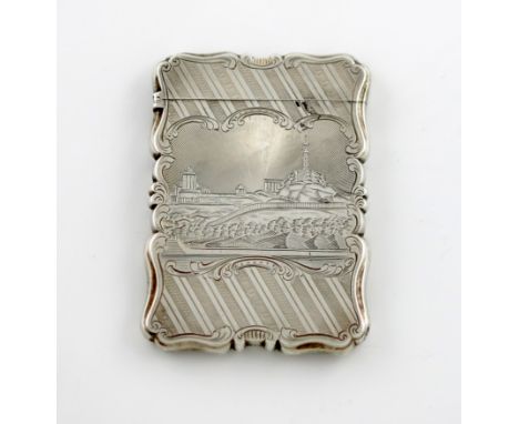 A Victorian silver engraved 'castle-top' card case, Calton Hill, Edinburgh, by Nathaniel Mills, Birmingham 1849, rectangular 