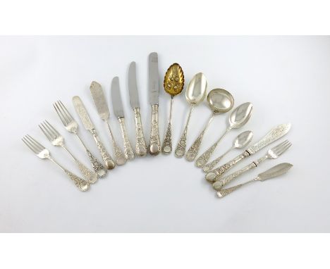 A collection of silver Venetian pattern flatware, various dates and makers including Frederick Elkington, London 1884, some w