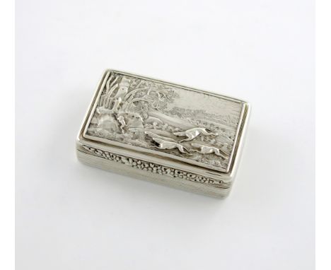 A William IV silver raised relief snuff box, by Thomas Edwards, London 1836 rectangular form, the hinged cover with a hare co