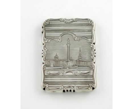 A Victorian silver engraved 'castle-top' card case, Trafalgar Square, by Nathaniel Mills, Birmingham 1848, rectangular form, 